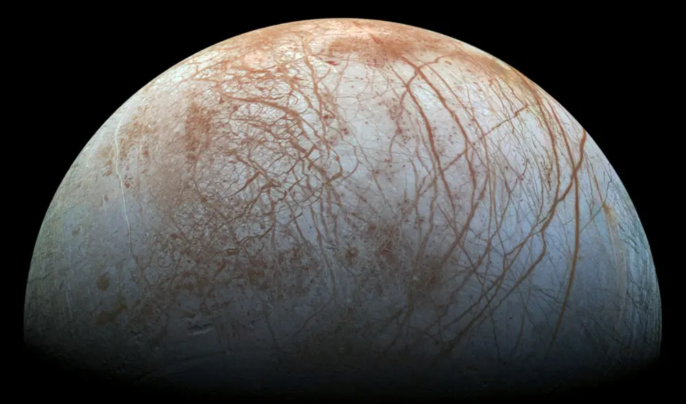 Fotografía de Europa tomada por la sonda Galileo de la NASA a fines de la década de 1990. Foto: referencial / NASA / JPL-Caltech / SETI Institute Fotografía de Europa tomada por la sonda Galileo de la NASA a fines de la década de 1990. Foto: referencial / NASA / JPL-Caltech / SETI Institute