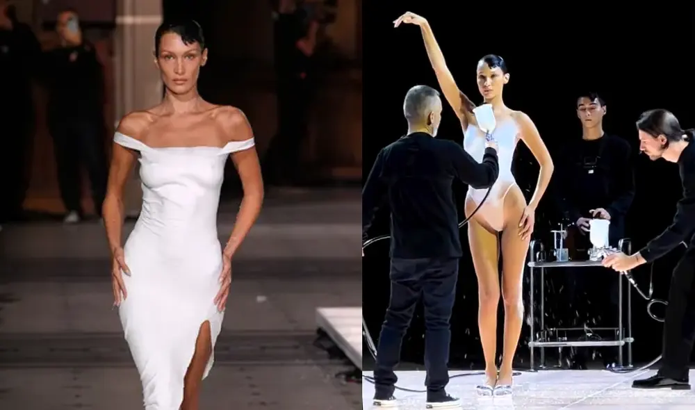 Bella Hadid se luce en pasarela modelando un vestido hecho de spray. Foto: composición LR/ captura de Twitter Bella Hadid se luce en pasarela modelando un vestido hecho de spray. Foto: composición LR/ captura de Twitter