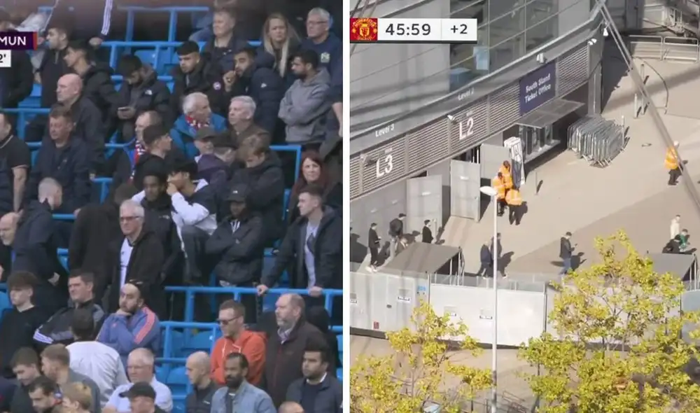 Hinchas del Manchester United abandonan el Etihad Stadium. Foto: captura ESPN Hinchas del Manchester United abandonan el Etihad Stadium. Foto: captura ESPN