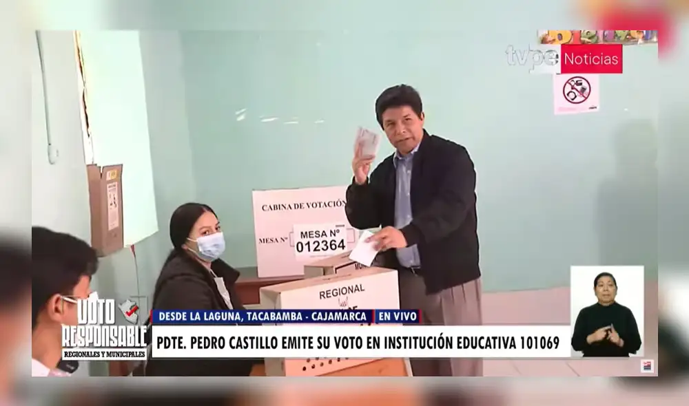 Pedro Castillo emitió su voto desde Tacabamba en Cajamarca correspondiente a las Elecciones Regionales y Municipales 2022. Foto: captura de TV Perú Noticias