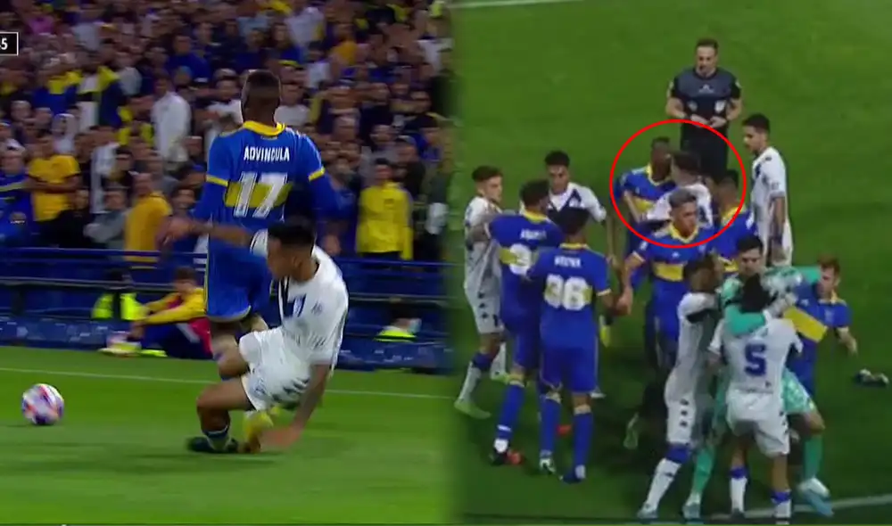 Luis Advíncula recibió una dura falta al final del partido Boca Juniors vs. Vélez Sarsfield por la liga argentina. Foto: composición GLR