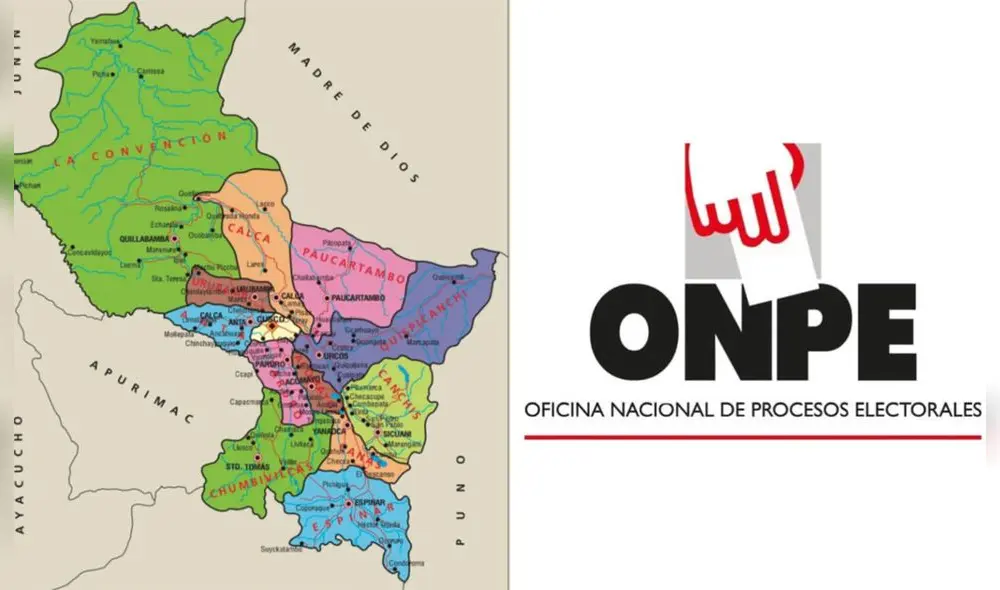Mapa político de la región Cusco. Foto: composición ONPE/Redes Sociales