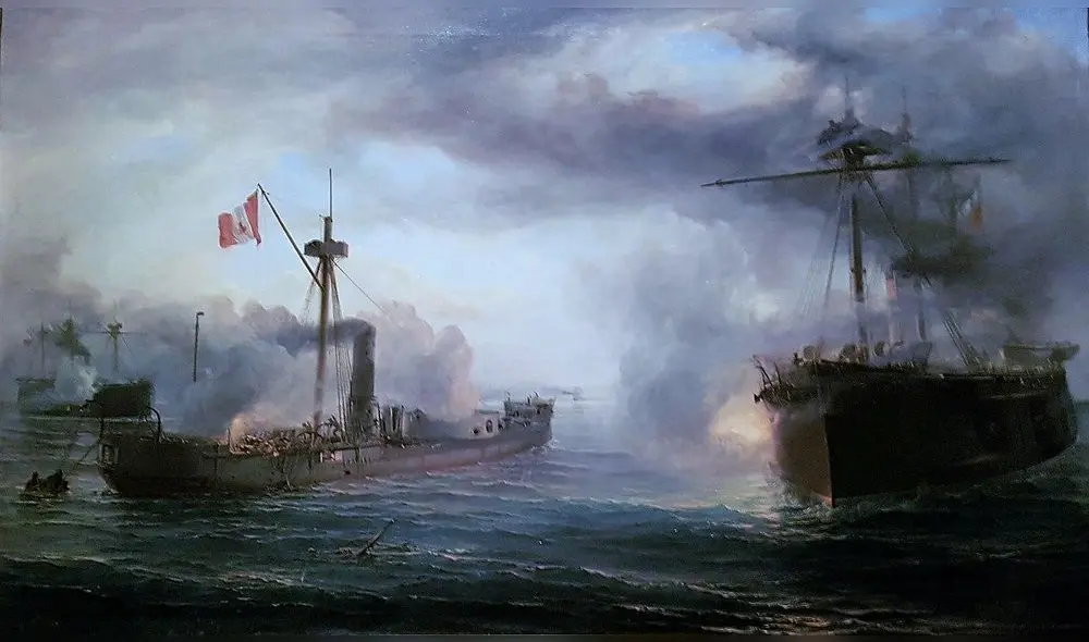 Miguel Grau murió a pocos minutos de iniciar el Combate de Angamos luego de que el acorazado chileno Cochrane lanzará un cañón a la cabina de mando del Huáscar. Foto: Rodrigo Fernández. Pintura: Thomas Somerscales Miguel Grau murió a pocos minutos de iniciar el Combate de Angamos luego de que el acorazado chileno Cochrane lanzará un cañón a la cabina de mando del Huáscar. Foto: Rodrigo Fernández. Pintura: Thomas Somerscales