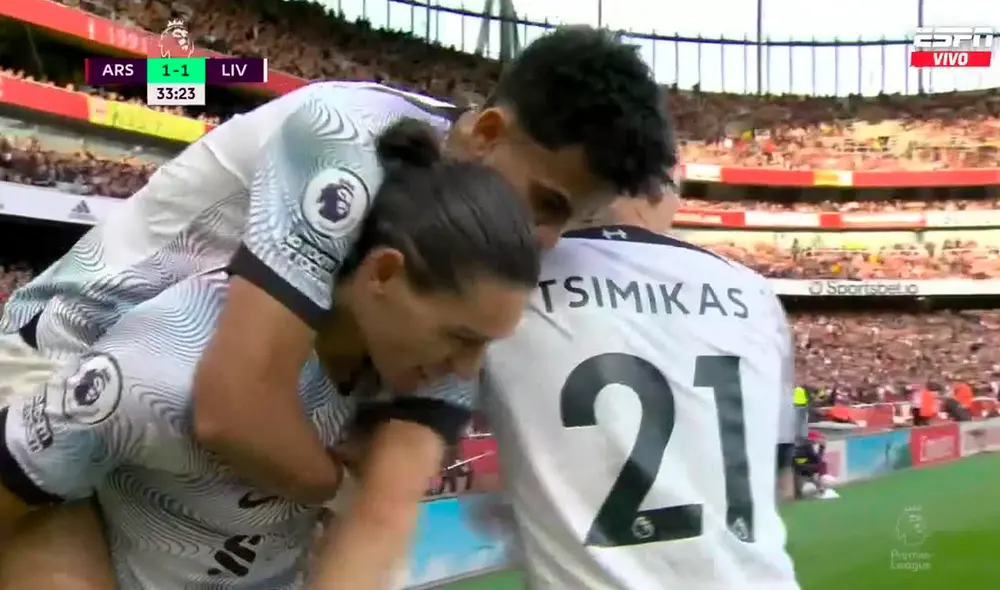 Darwin Núñez marcó el 1-1 del Liverpool contra el Arsenal. Foto: captura ESPN Darwin Núñez marcó el 1-1 del Liverpool contra el Arsenal. Foto: captura ESPN