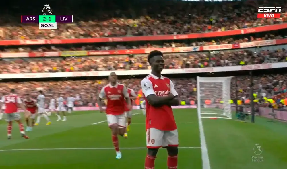 Bukayo Saka puso el 2-1 del Arsenal sobre Liverpool. Foto: captura ESPN Bukayo Saka puso el 2-1 del Arsenal sobre Liverpool. Foto: captura ESPN