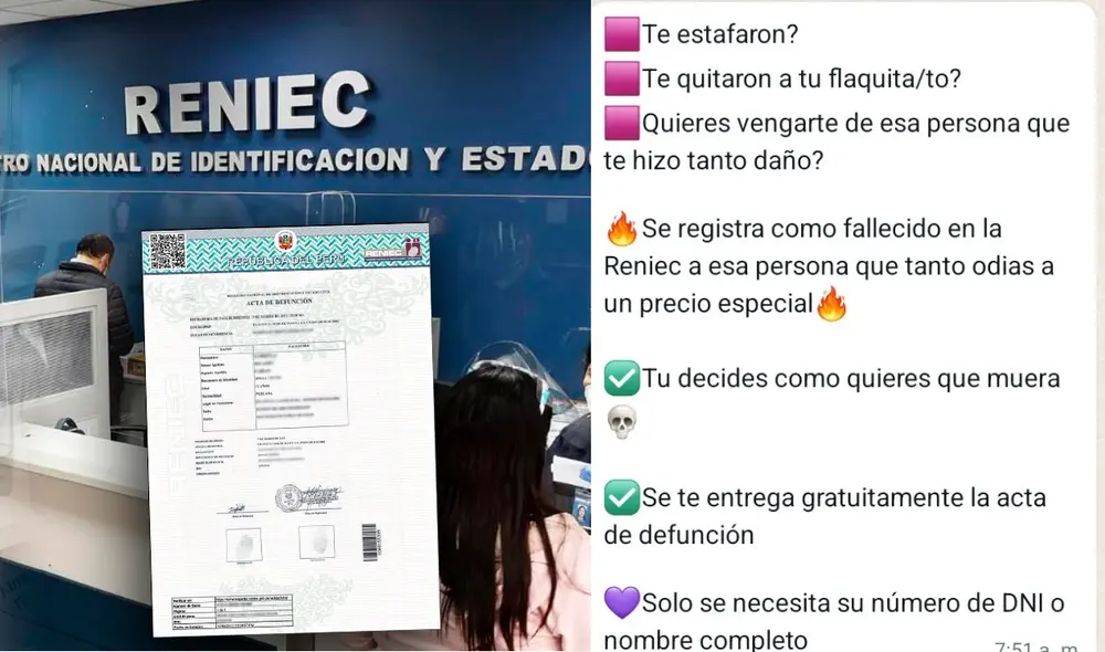 Reniec: denuncian que por medio de WhatsApp ofrecen "matar" en el sistema de Reniec a personas vivas. Foto: composición LR/Reniec/Twitter/alexdvsv Reniec: denuncian que por medio de WhatsApp ofrecen "matar" en el sistema de Reniec a personas vivas. Foto: composición LR/Reniec/Twitter/alexdvsv