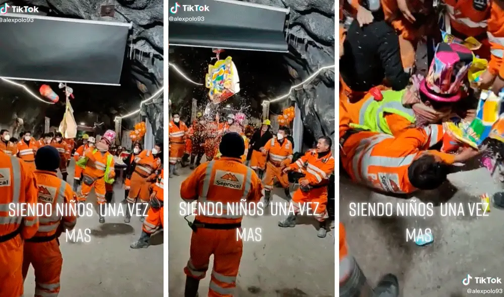 Los mineros volvieron a ser niños otra vez al momento de romper la piñata. Foto: composición de LR/captura de TikTok/@Alexpolo93