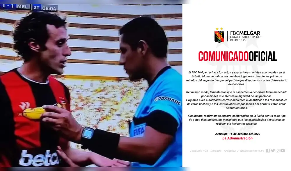 Horacio Orzán indicó lo sucedido al árbitro Jesús Cartagena y FBC Melgar no demoró en emitir un comunicado. Foto: composición LR/GolPerú/FBC Melgar Horacio Orzán indicó lo sucedido al árbitro Jesús Cartagena y FBC Melgar no demoró en emitir un comunicado. Foto: composición LR/GolPerú/FBC Melgar