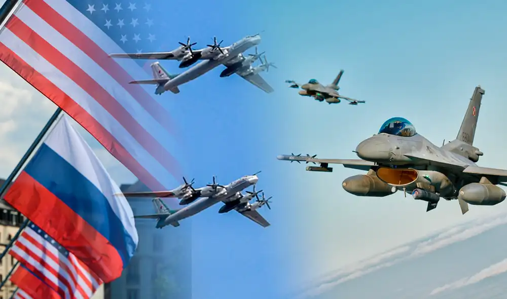 Aviones de combate F-16 (izquierda) identifican a dos Tu-95 (derecha) en el espacio aéreo internacional. Foto: composición LR/AFP