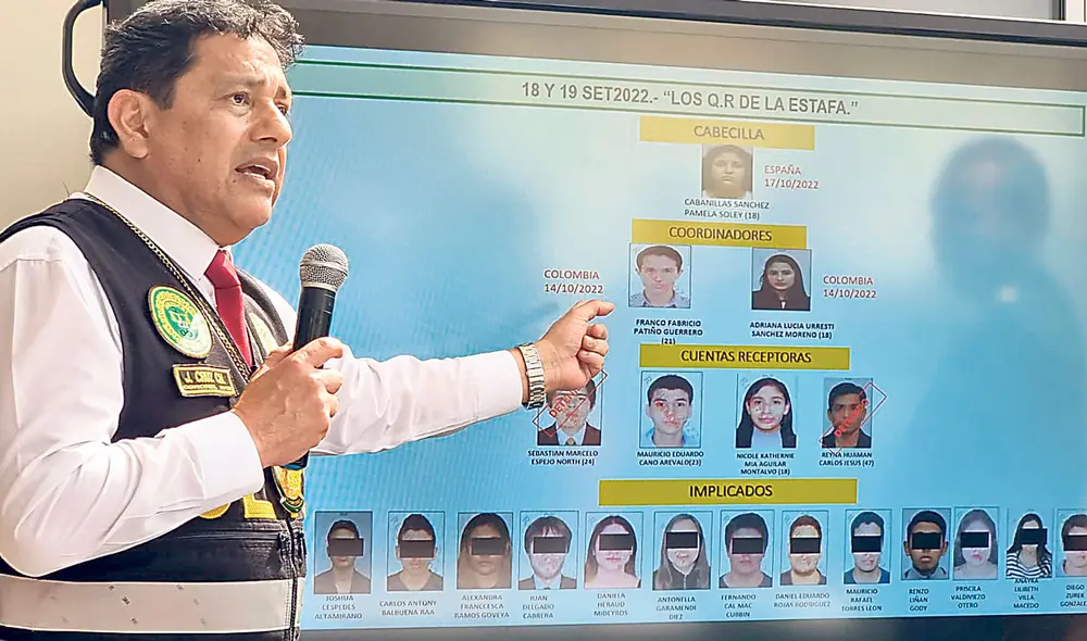 La banda. El coronel José Cruz, jefe de la División de Estafas, muestra cómo estaba conformada la organización criminal que amasó más de un millón de soles. Foto: difusión