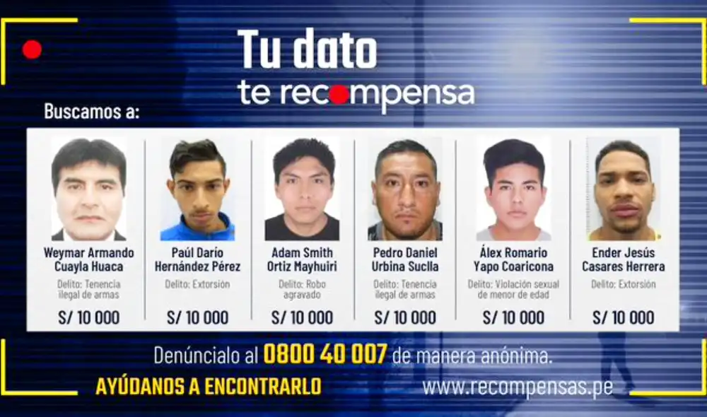 Por cada uno, las autoridades ofrecen S/ 10.000 a cambio de sus capturas. Foto: Mininter Por cada uno, las autoridades ofrecen S/ 10.000 a cambio de sus capturas. Foto: Mininter