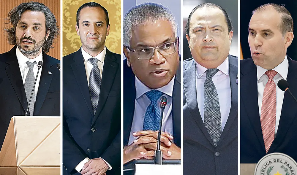Comisión de alto nivel. Cancilleres Santiago Cafiero (Argentina), Juan Holguín (Ecuador), Eamon Courtenay (Belice), Mario Búcaro (Guatemala) y Julio Arriola (Paraguay). Foto: composición La República