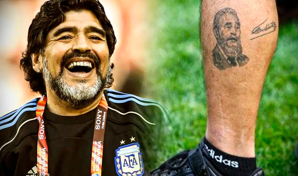 Diego Armando Maradona no podía ocultar su profunda admiración por Fidel Castro, por lo que se hizo un tatuaje de su rostro en la pierna izquierda. Foto: composición de Gerson Cardoso/LR/Latimes/Terra Diego Armando Maradona no podía ocultar su profunda admiración por Fidel Castro, por lo que se hizo un tatuaje de su rostro en la pierna izquierda. Foto: composición de Gerson Cardoso/LR/Latimes/Terra