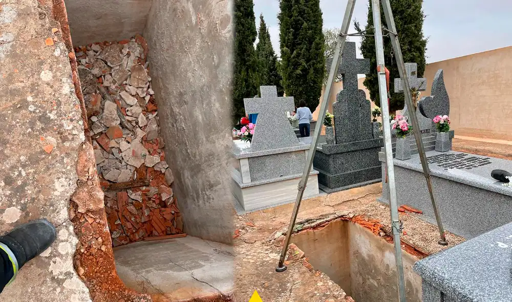 La mujer cayó a una tumba de 3 metros de profundidad, debido a que la estructura estaba en muy mal estado. Foto: Composición LR/Twitter/@Emergencia1006.
