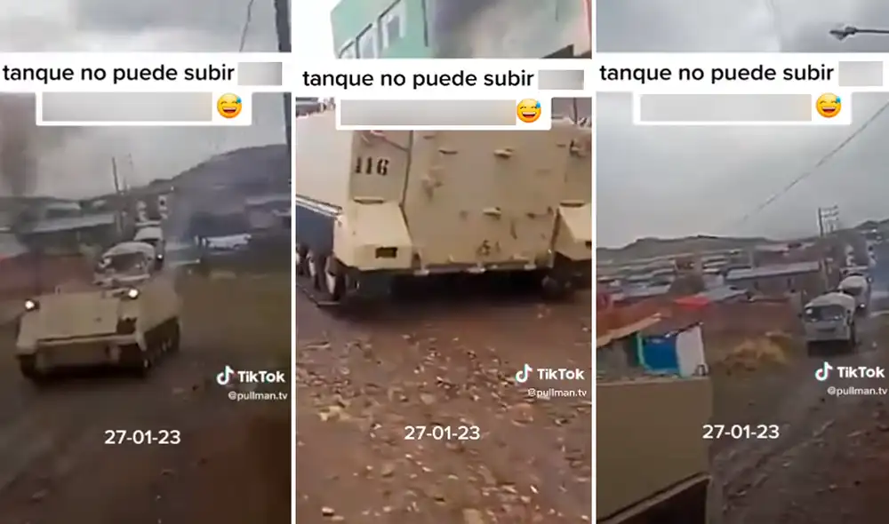 El tanque no pudo subir el cerro y tuvo que retroceder ante la mirada atónita de los soldados. Foto: composición de LR/TikTok/@Pullman.tv El tanque no pudo subir el cerro y tuvo que retroceder ante la mirada atónita de los soldados. Foto: composición de LR/TikTok/@Pullman.tv