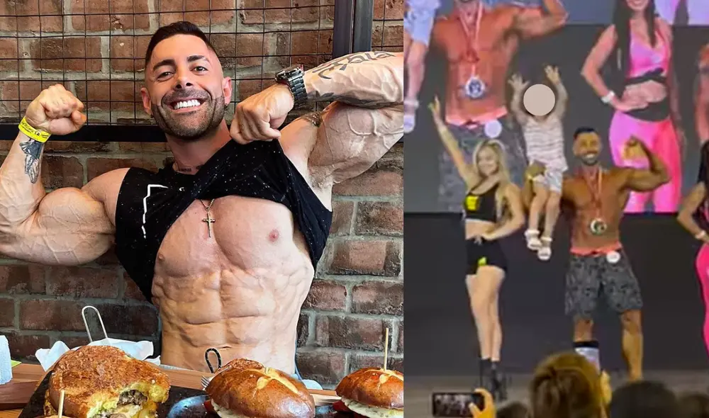 Sebastián Lizarzaburu celebra junto a su hija en evento de fisicoculturismo.