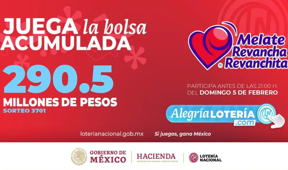 El sorteo Melate de Hoy, 5 de febrero tiene un pozo vacante de 290. 5 millones de pesos. Foto: Lotería Nacional
