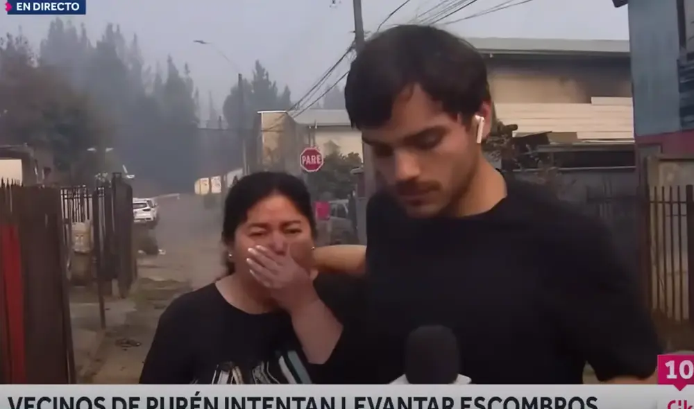 Periodista corta el reporte para consolar a damnificada. Foto: captura de pantalla/CHV Noticias