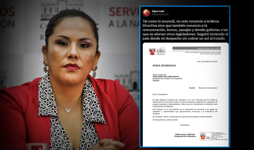 Digna Calle oficializa su renuncia al pago de remuneración como congresista. Foto: composición LR/Vía Twitter Digna Calle oficializa su renuncia al pago de remuneración como congresista. Foto: composición LR/Vía Twitter