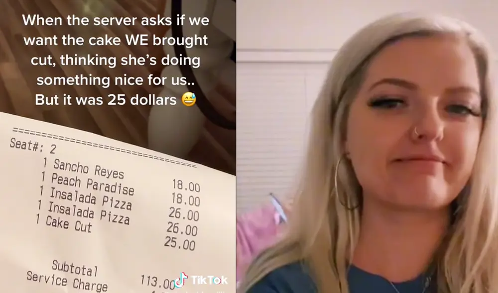 Sin avisarle previamente, le cobraron 25 dólares por “cortar el pastel”. Foto: captura de pantalla/TikTok/@vivala_blondiiie Sin avisarle previamente, le cobraron 25 dólares por “cortar el pastel”. Foto: captura de pantalla/TikTok/@vivala_blondiiie