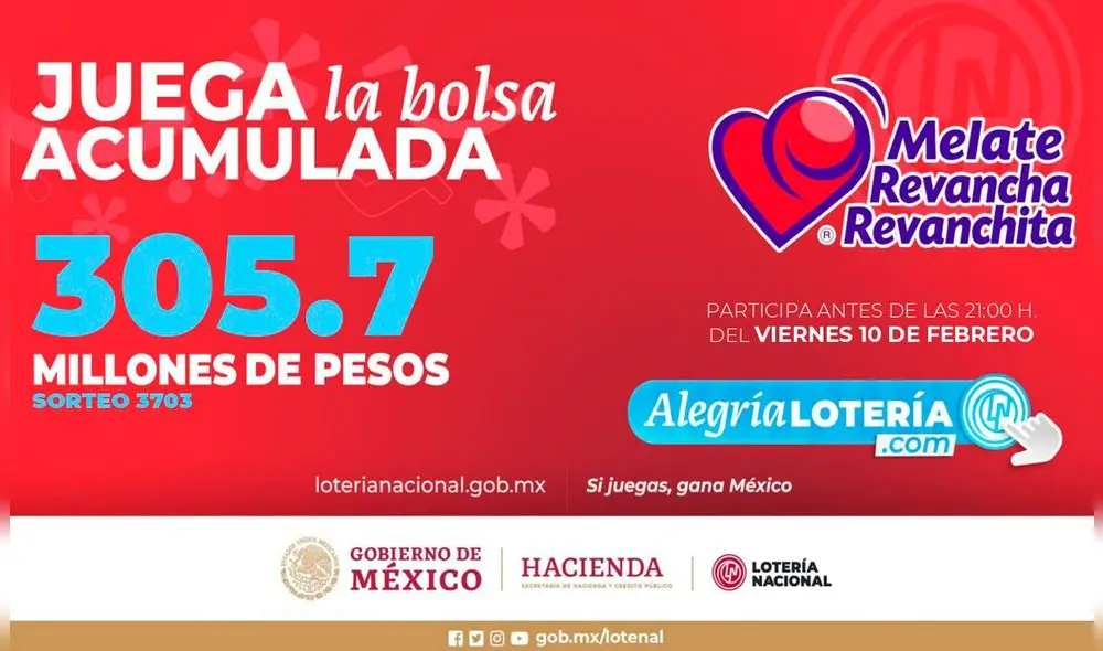 El sorteo Melate del 10 de febrero tiene un pozo de 305.7 millones de pesos. Foto: Lotería Nacional El sorteo Melate del 10 de febrero tiene un pozo de 305.7 millones de pesos. Foto: Lotería Nacional