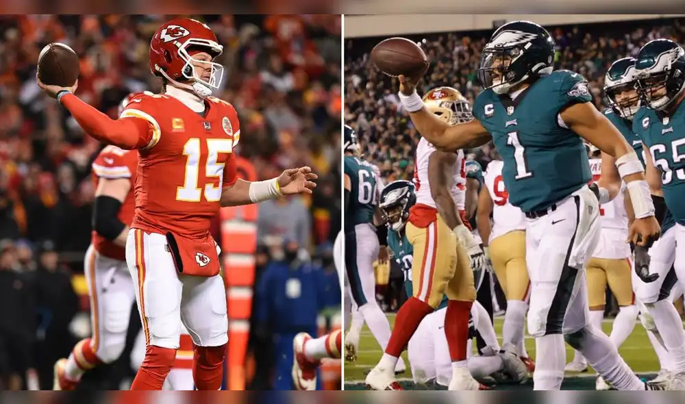 Patrick Mahomes (izquierda) le lleva a ventaja a Jalen Hurst (derecha) en cuanto a Super Bowls. Foto: composición GLR/EFE