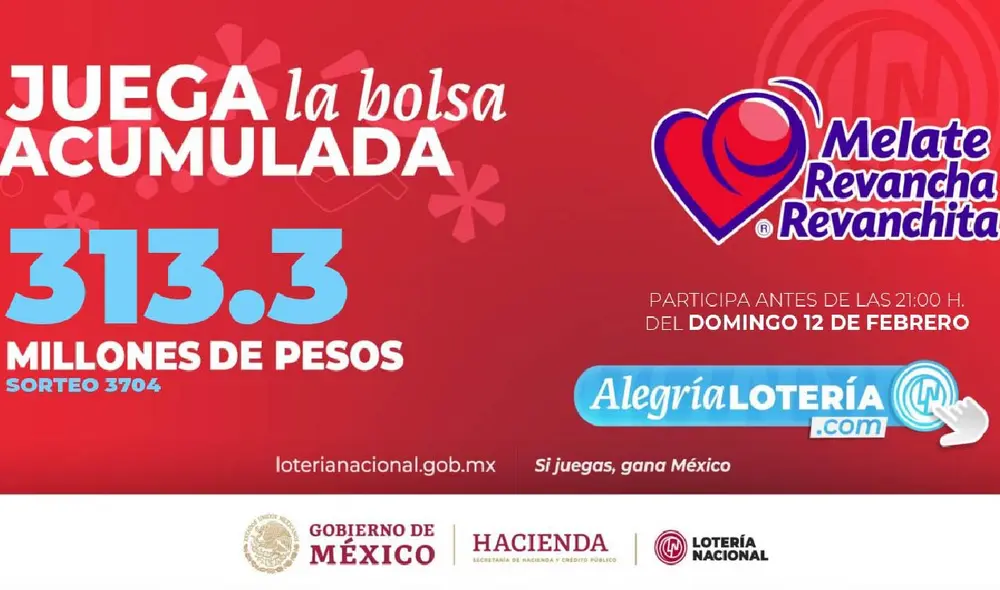 El sorteo Melate, Revancha, Revanchita ofrece como premio 313. 3 millones de pesos. Foto: Lotería Nacional de México