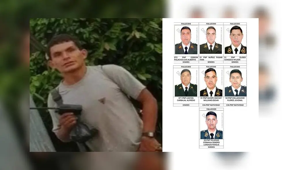 El narcoterrorista Carlos y los 7 integrantes de la PNP fallecidos en el VRAEM. Foto: composición LR