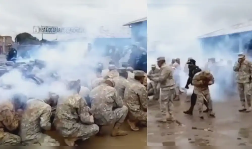 Soldados del Ejército reaccionaron a gas de bomba lacrimógena. Foto: captura de La Lupa Soldados del Ejército reaccionaron a gas de bomba lacrimógena. Foto: captura de La Lupa