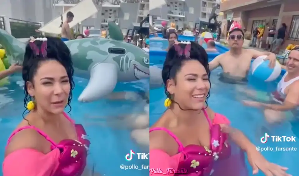 Magdyel Ugaz se refresca en la piscina en los tiempos libres de grabación. Foto: composición LR/TikTok Magdyel Ugaz se refresca en la piscina en los tiempos libres de grabación. Foto: composición LR/TikTok