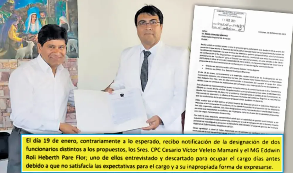 Carta. Galeno se aleja de dirección de Iren-Sur arguyendo que le impusieron personal. Foto: La República.