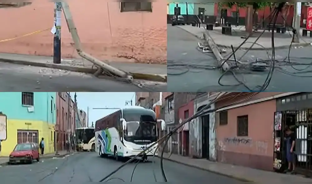 Caída de dos postes en Rímac, generó tráfico vehicular esta mañana. Composición: LR / Video: Panamericana TV