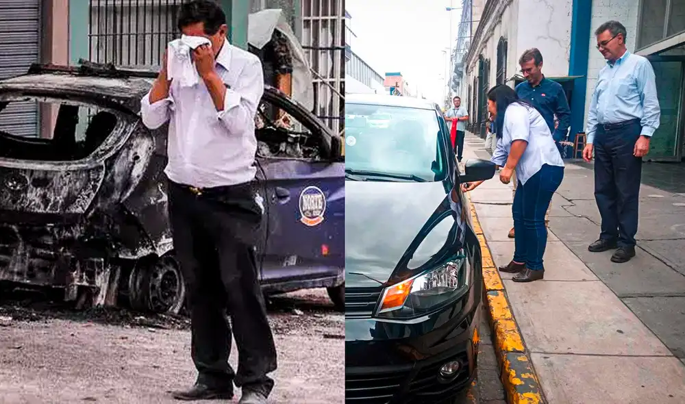 Dueña del vehículo quemado recibe auto nuevo. Foto: composición Gerson Cardoso LR | Leonela Aquino URPI-LR.