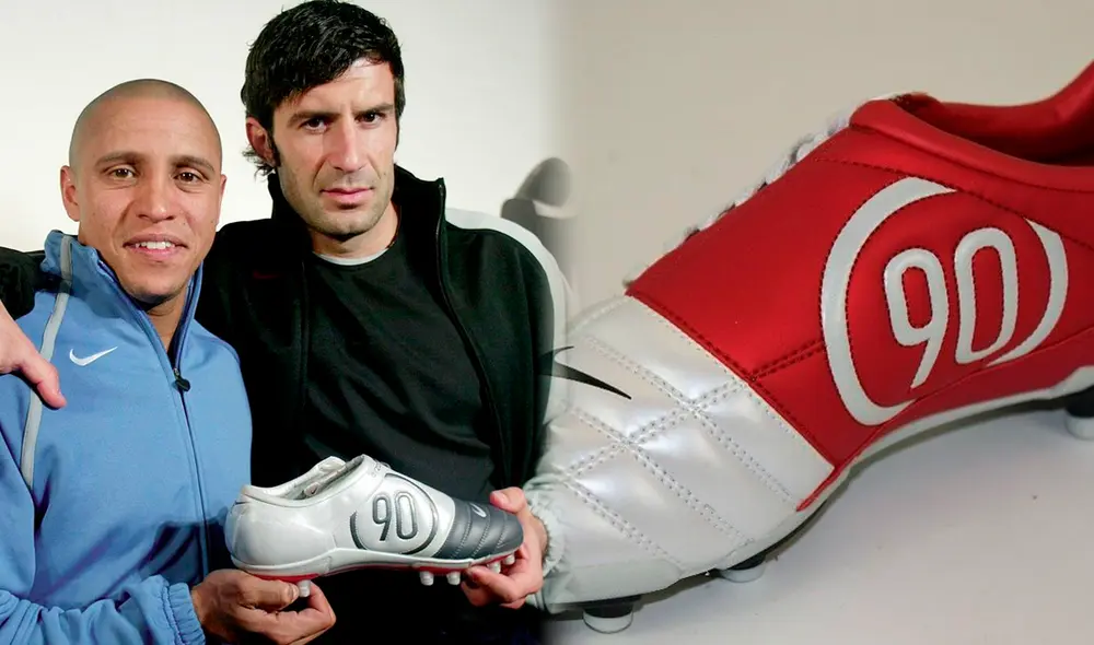Roberto Carlos y Luis Figo posando con una zapatilla Total 90 de Nike. Foto: composición GLR / Getty Images / Nike