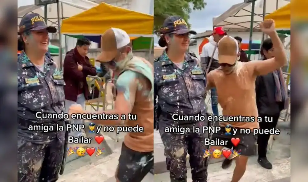 Policía femenina mueve los pies ante el zapateo del carnavalero, pero no se atreve a bailar. Foto: composición LR