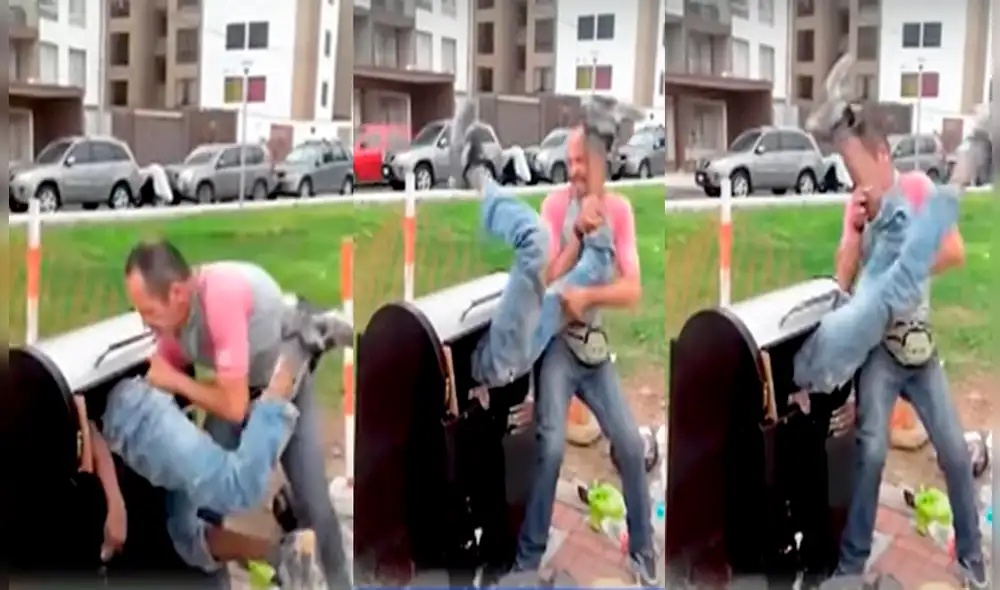 Un vecino de la zona, después de varios esfuerzo, logró sacar al reciclador del contenedor. Foto: Panamericana/ Video: Panamericana