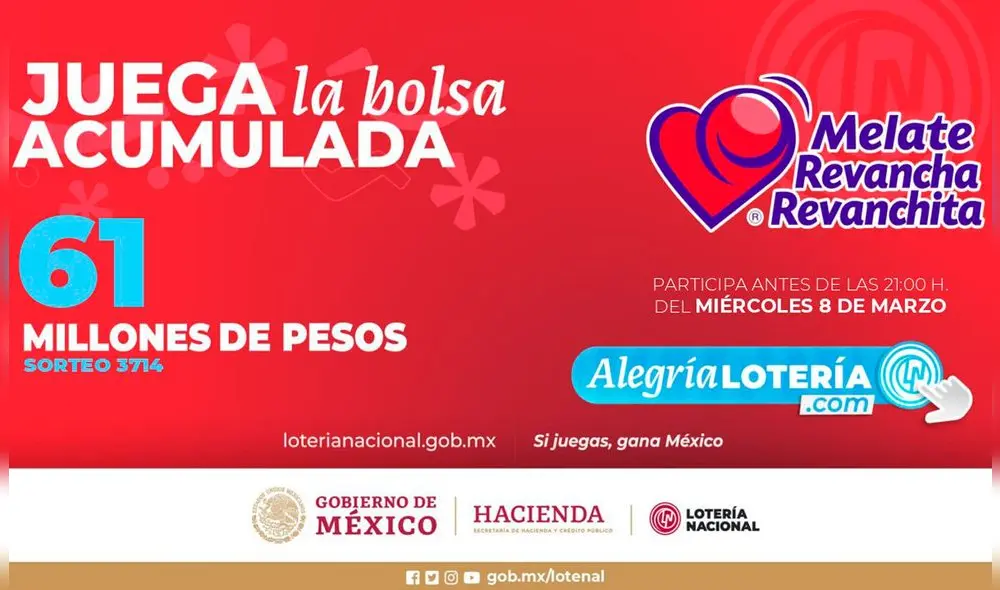Sorteo Melate de HOY, 8 de marzo tiene 61 millones de pesos de premio. Foto: Lotería Nacional Sorteo Melate de HOY, 8 de marzo tiene 61 millones de pesos de premio. Foto: Lotería Nacional