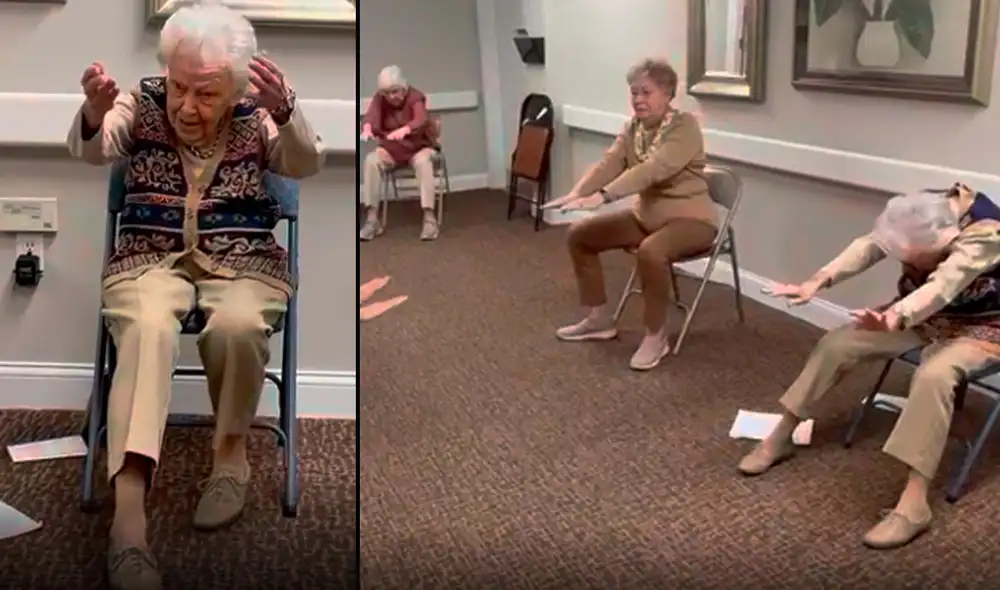 Jean Bailey, de 102 años, dirige una clase de ejercicios para féminas en un hogar para adultos mayores. Foto: captura de Elk Ridge Village Jean Bailey, de 102 años, dirige una clase de ejercicios para féminas en un hogar para adultos mayores. Foto: captura de Elk Ridge Village