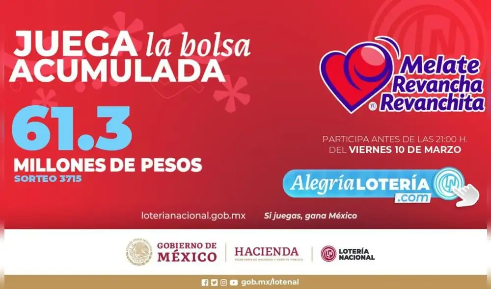 Pozo total del Sorteo Melate de hoy, 10 de marzo. Foto: Lotería Nacional