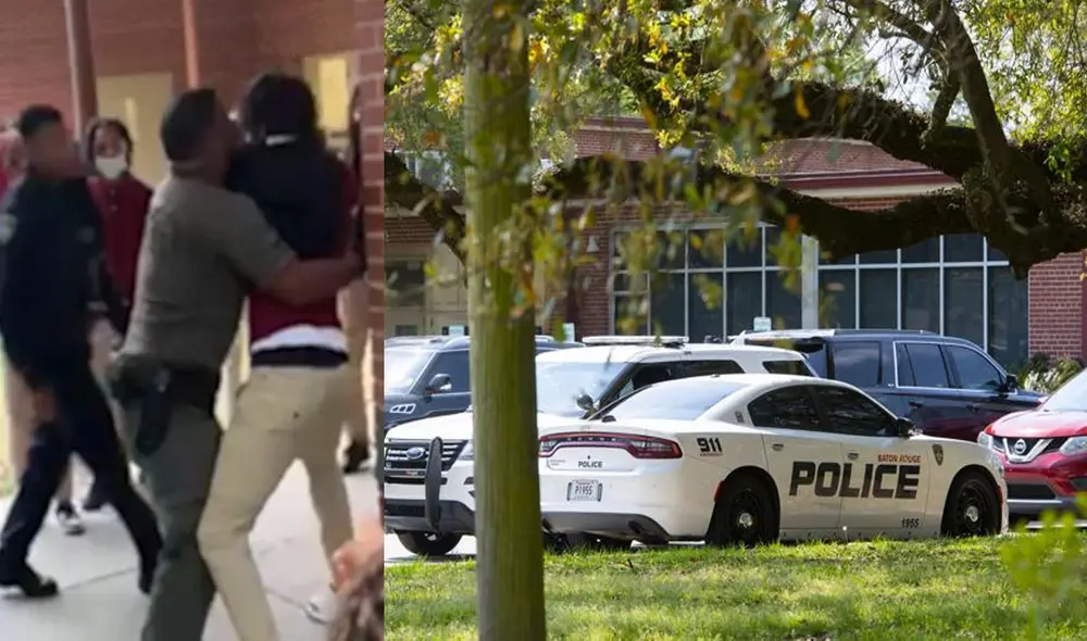 Diez policías terminaron con heridas o fracturas tras la pelea masiva en una secundaria en Louisiana. Foto: composición LR/WAFB /The advocate