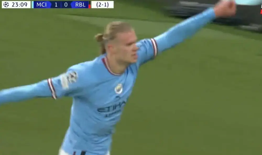 Erling Haaland marcó un doblete en la primera parte ante el Leipzig. Foto: captura/ESPN