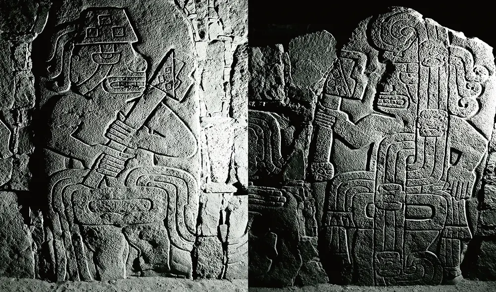 Personajes. Fotografías que recrean guerreros esculpidos en las paredes del templo Sechín. Foto: difusión Personajes. Fotografías que recrean guerreros esculpidos en las paredes del templo Sechín. Foto: difusión