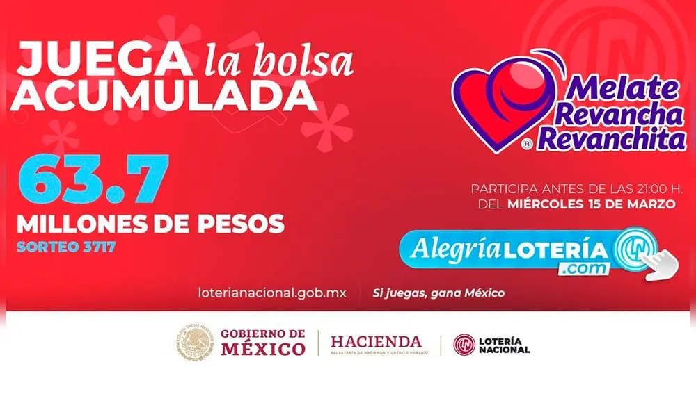 El Sorteo Melate de la Lotería Nacional de México tiene un premio de 63.7 millones de pesos. Foto: Lotería Nacional