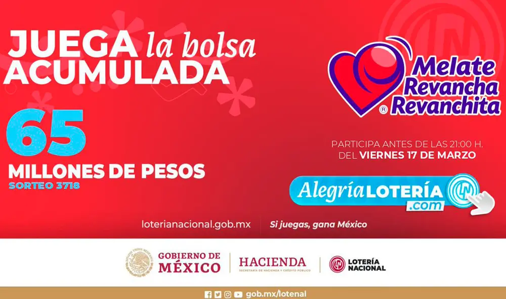 Sorteo Melate de HOY, 17 de marzo, tiene 65 millones de pesos como premio para el ganador. Foto: Lotería Nacional