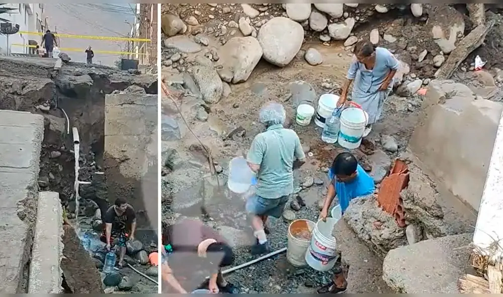 Vecinos de calle Los Guacamayos recolectan agua de tuberías rotas. Video: Latina