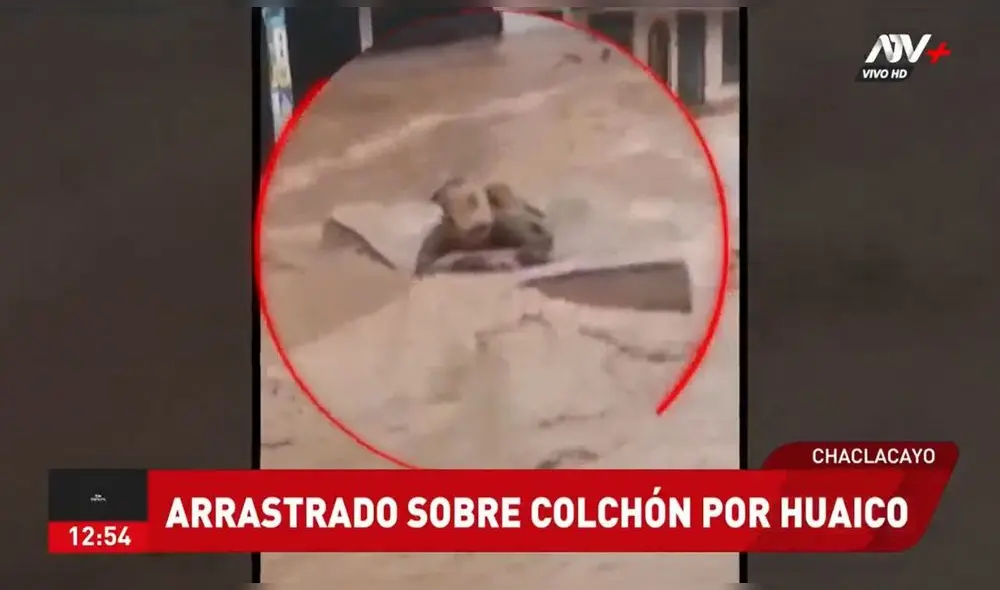 Hombre es arrastrado sobre colchón por huaico en Chaclacayo. Video: ATV