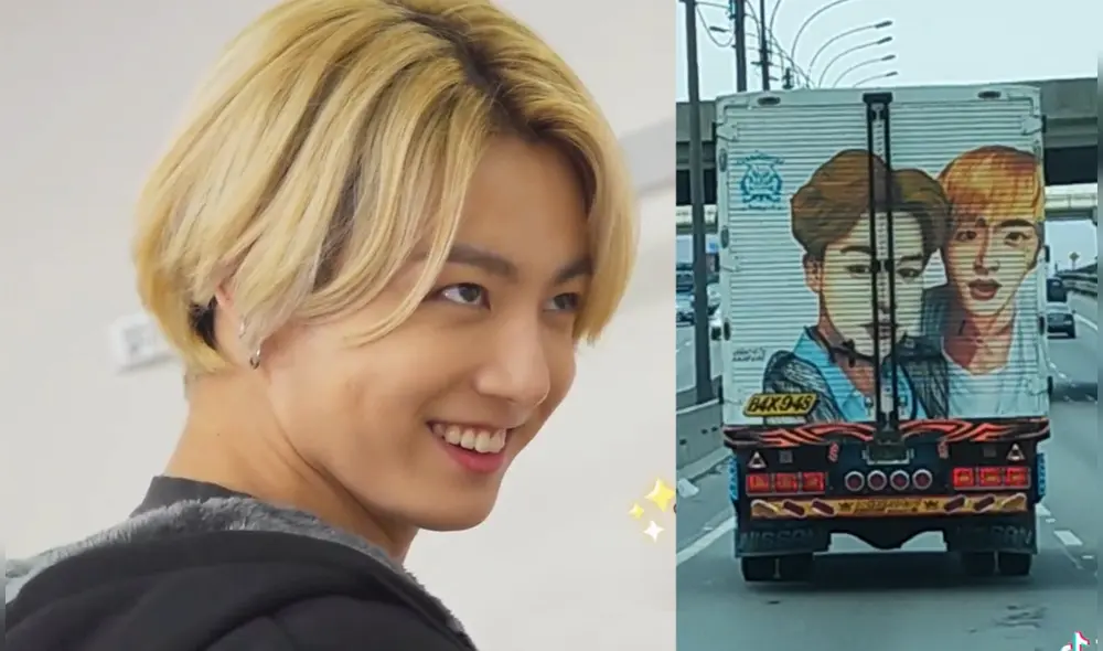 Camión ARMY que fue visto en Lima lleva en su remolque las imágenes de Jimin y Jin de BTS. Foto: composición LR/Hybe/TikTok