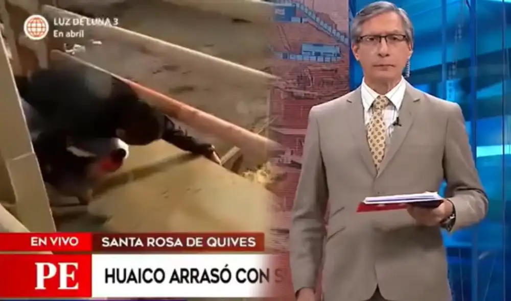Reportero de "América noticias" se encontraba registrando el paso de un huaico en la carretera Canta. Foto: composición LR/Captura América