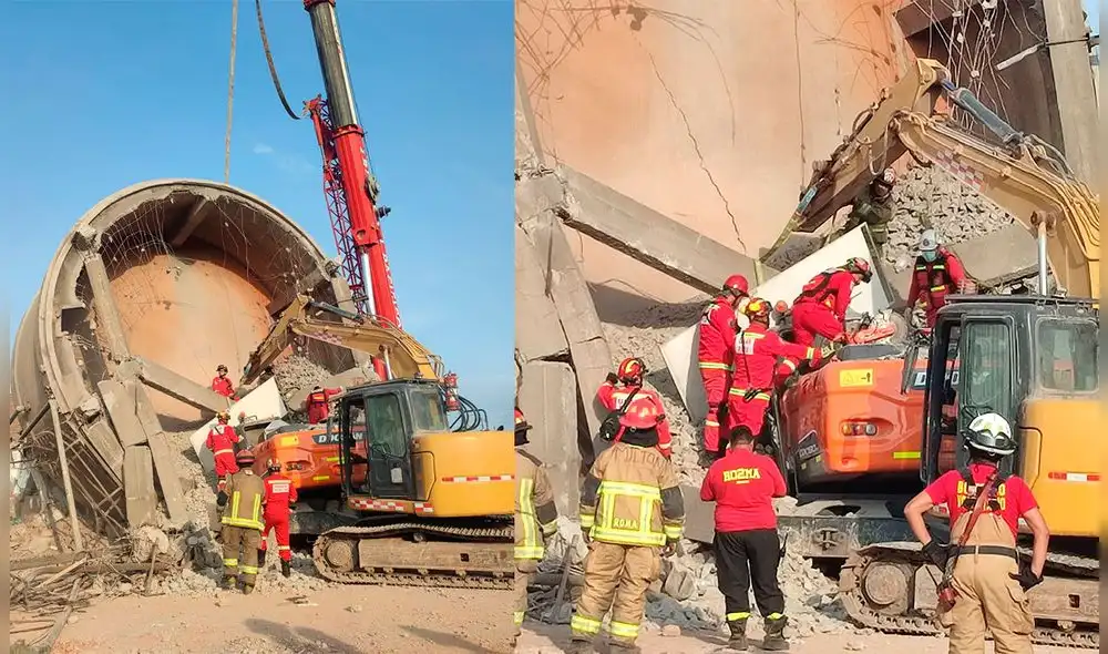 Bomberos continúan con trabajos de rescate del operario de martillo hidráulico que quedó atrapado durante trabajos demolición. Foto: composición LR/ Mary Luz Aranda