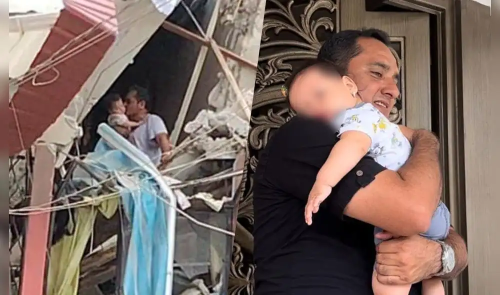 El padre abraza y besa a su pequeña hija mientras estaba atrapado entre los escombros de una vivienda en Pasaje. Foto: composición LR/Twitter/Alex Lima